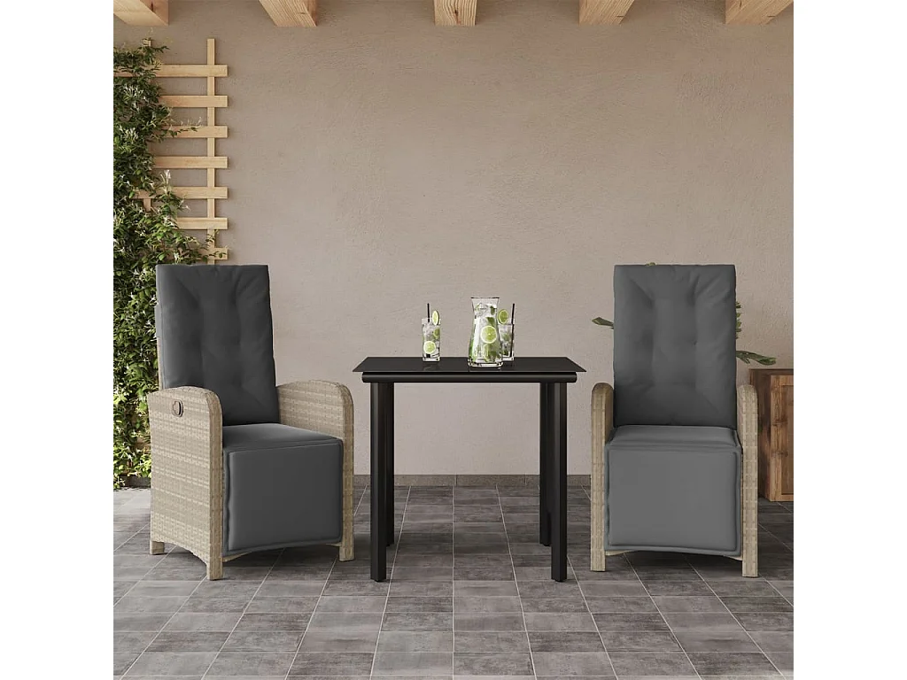 Ensemble de bistro 3 pcs et coussins gris clair résine tressée