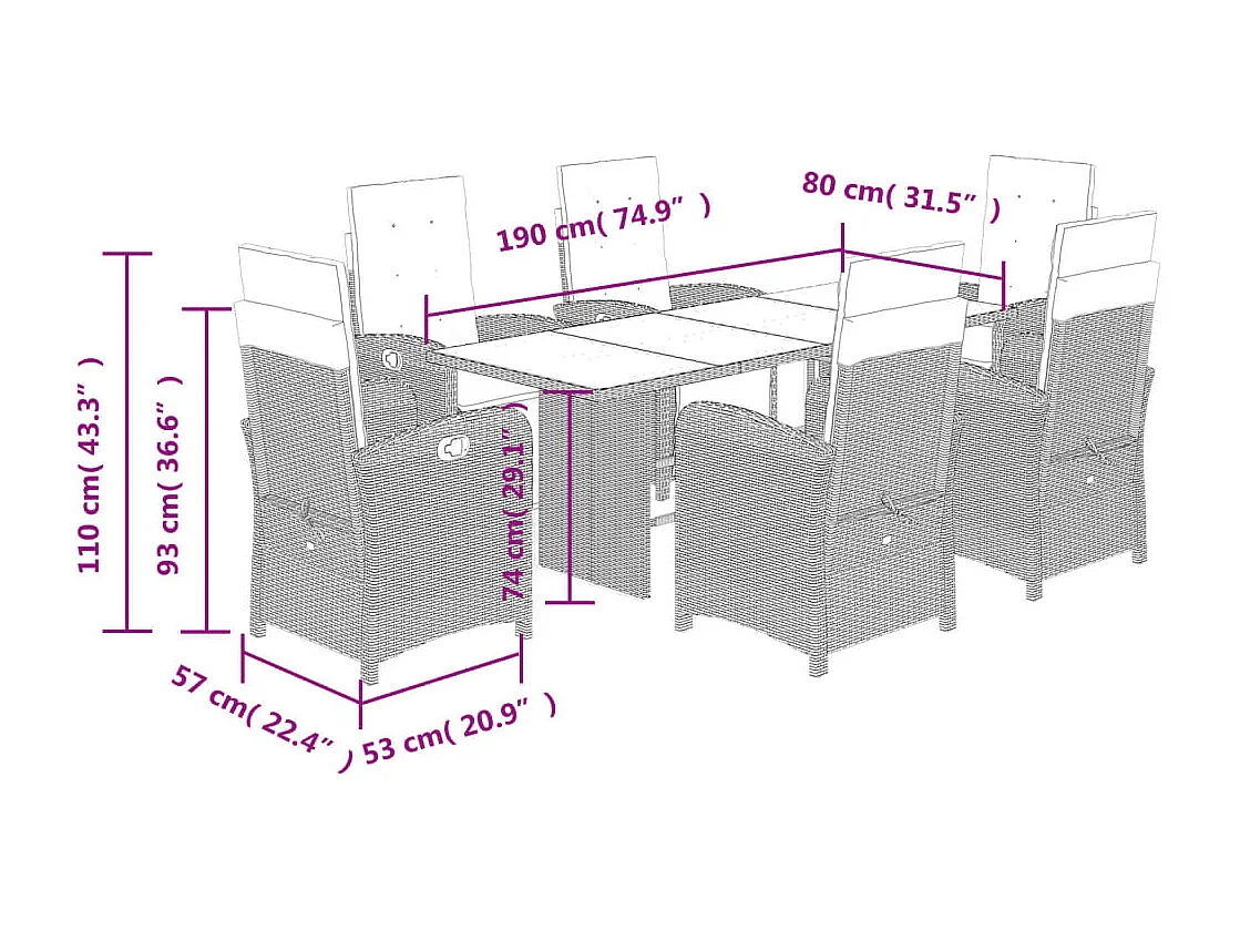 Ensemble à manger de jardin et coussins 7 pcs gris rotin
