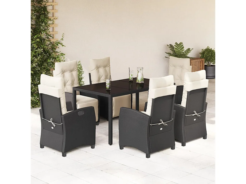 Ensemble à manger de jardin coussins 7pcs Noir Résine tressée