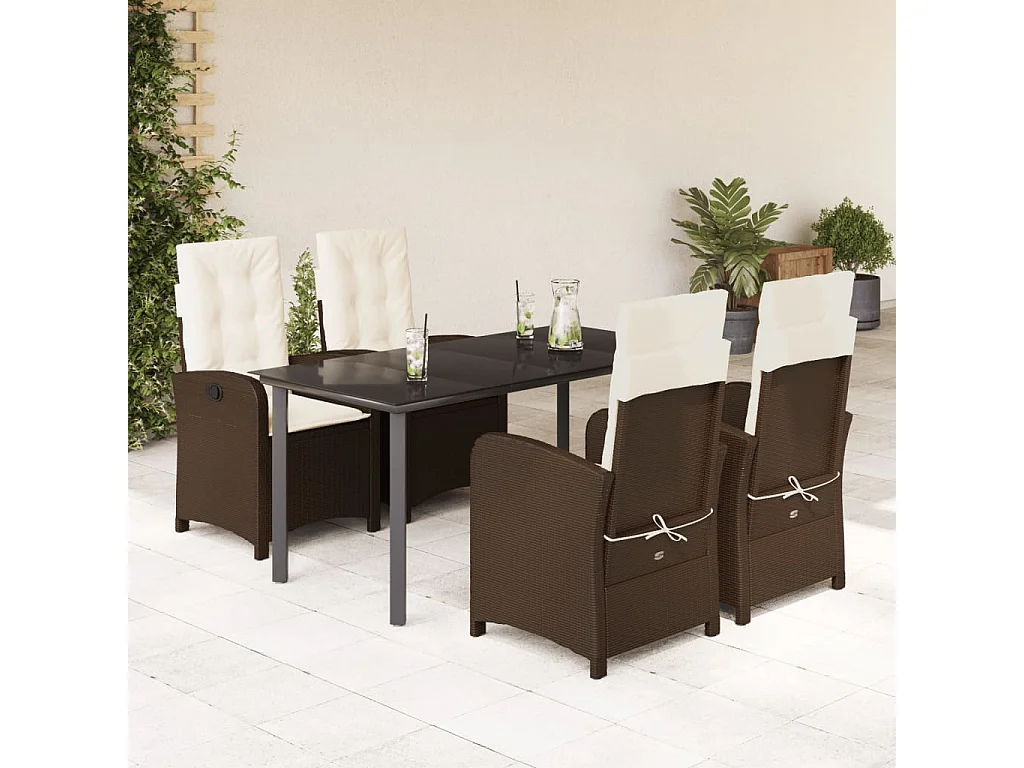 Ensemble à manger de jardin 5 pcs et coussins marron poly rotin