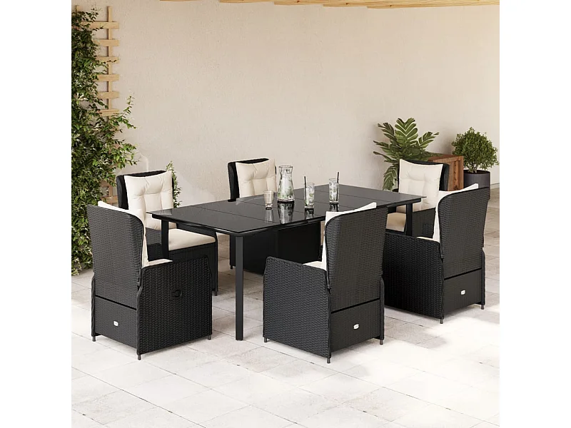 Ensemble à manger de jardin coussins 7pcs Noir Résine tressée