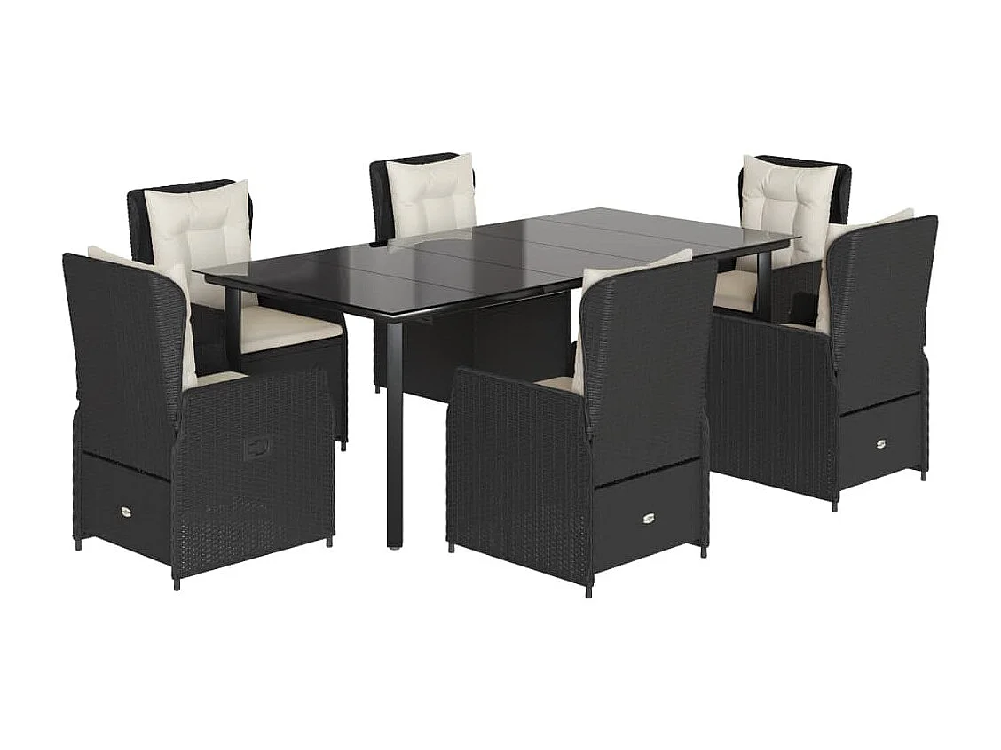 Ensemble à manger de jardin coussins 7pcs Noir Résine tressée