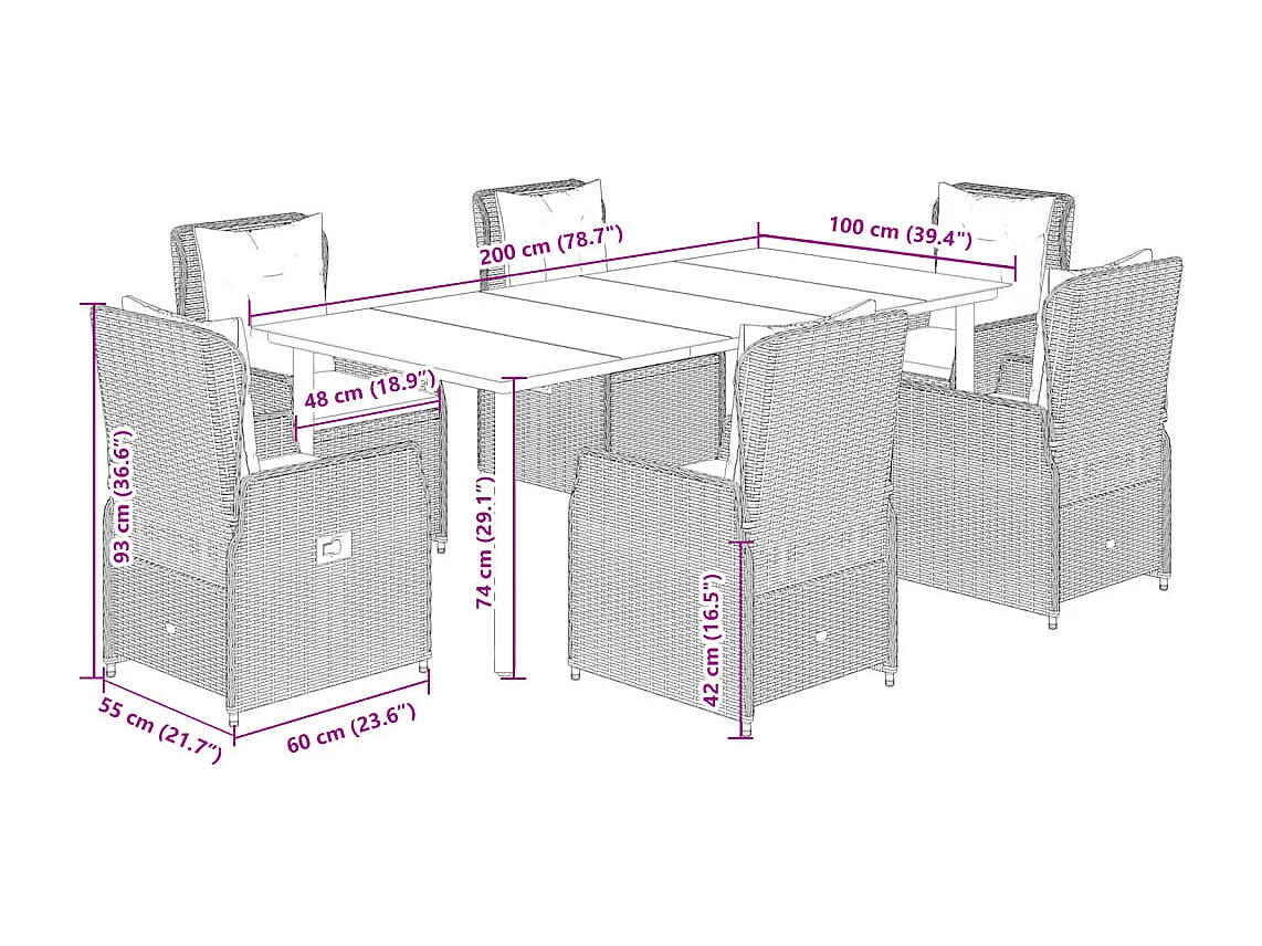 Ensemble à manger de jardin coussins 7pcs Noir Résine tressée