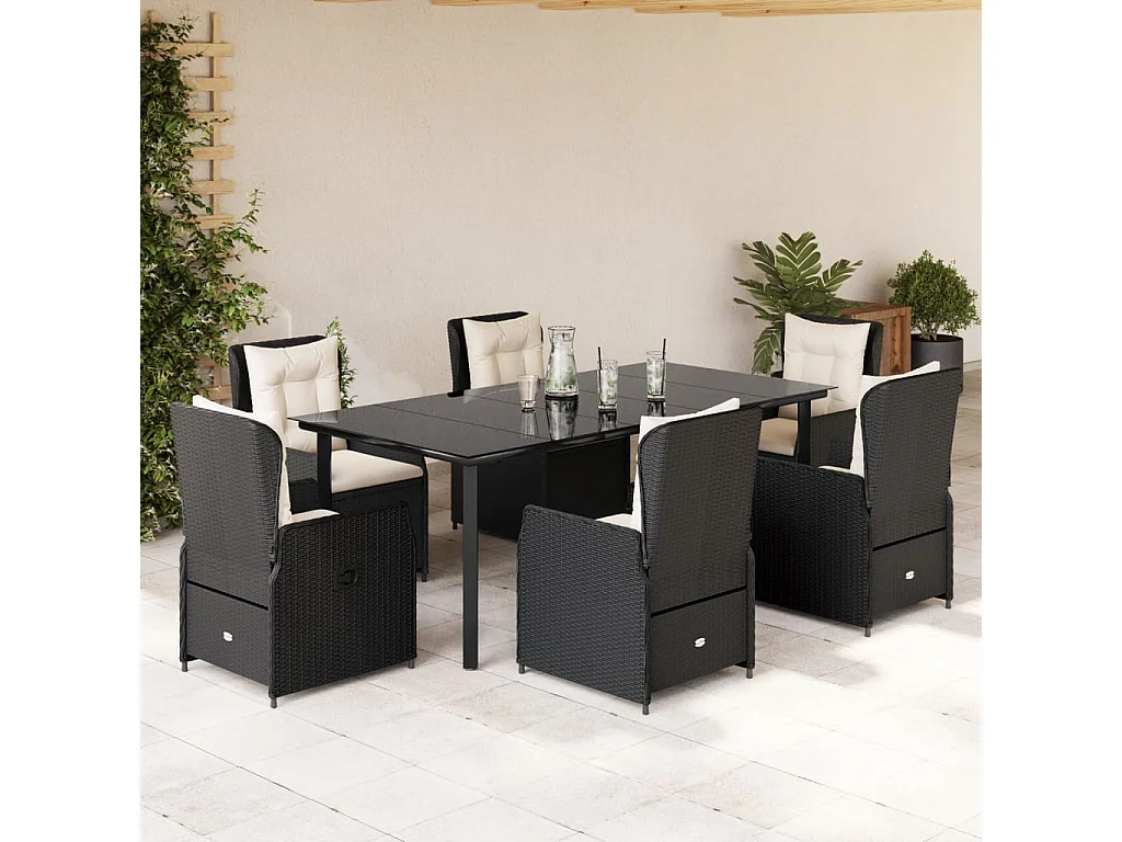Ensemble à manger de jardin coussins 7pcs Noir Résine tressée