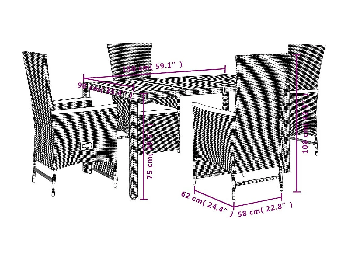 Ensemble à manger de jardin coussins 5pcs Noir Résine tressée