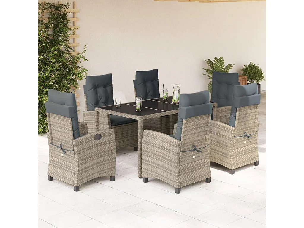 Ensemble à manger de jardin et coussins 7 pcs gris rotin