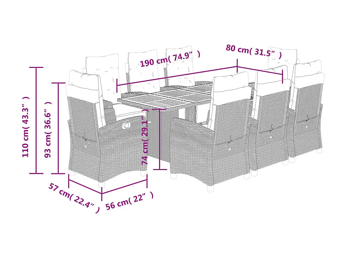 Ensemble à manger de jardin 9pcs coussins noir résine tressée