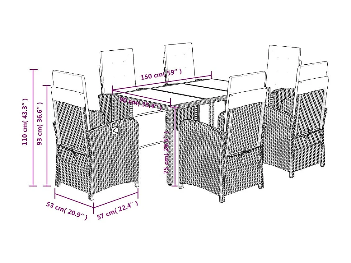 Ensemble à manger de jardin coussins 7pcs Noir Résine tressée
