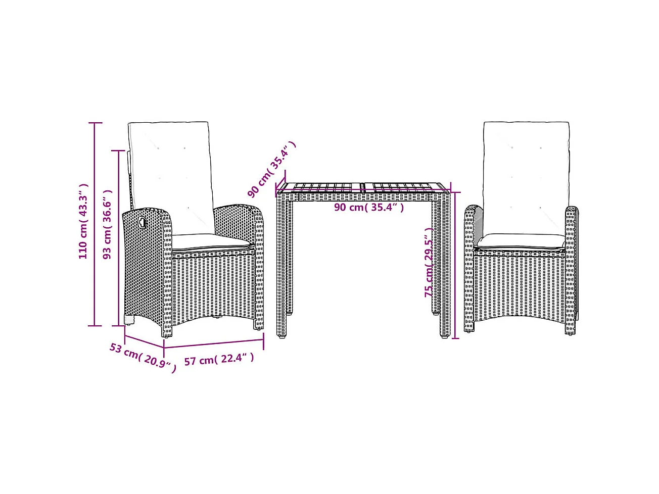 Ensemble à manger de jardin avec coussins 3 pcs Noir