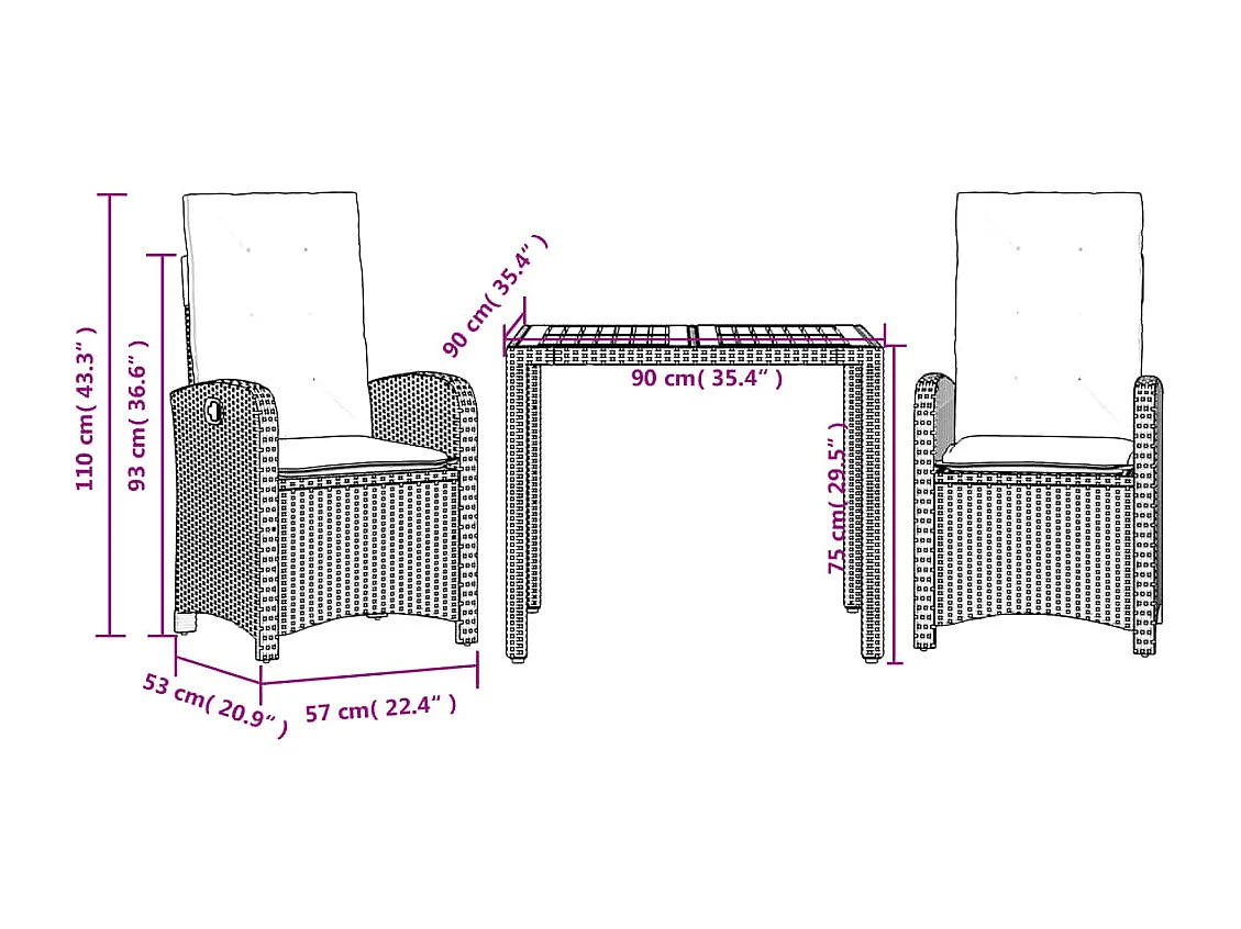 Ensemble à manger de jardin avec coussins 3 pcs Noir
