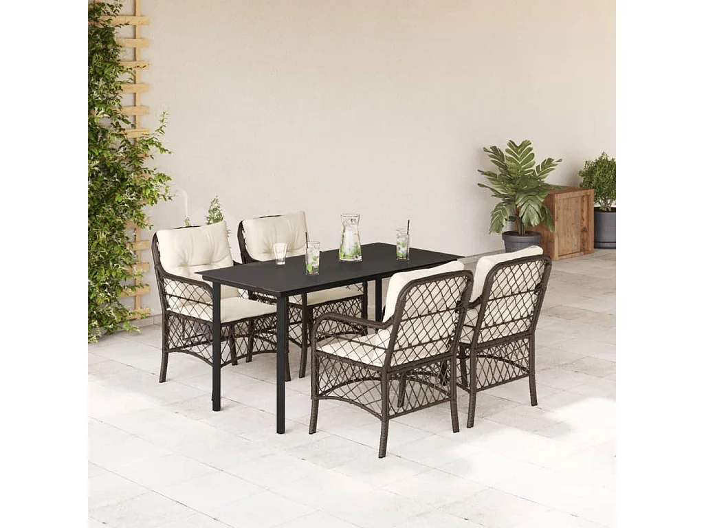 Ensemble à manger de jardin 5 pcs et coussins marron poly rotin