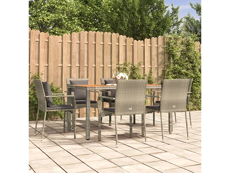 Ensemble à manger jardin et coussins 7 pcs gris rotin