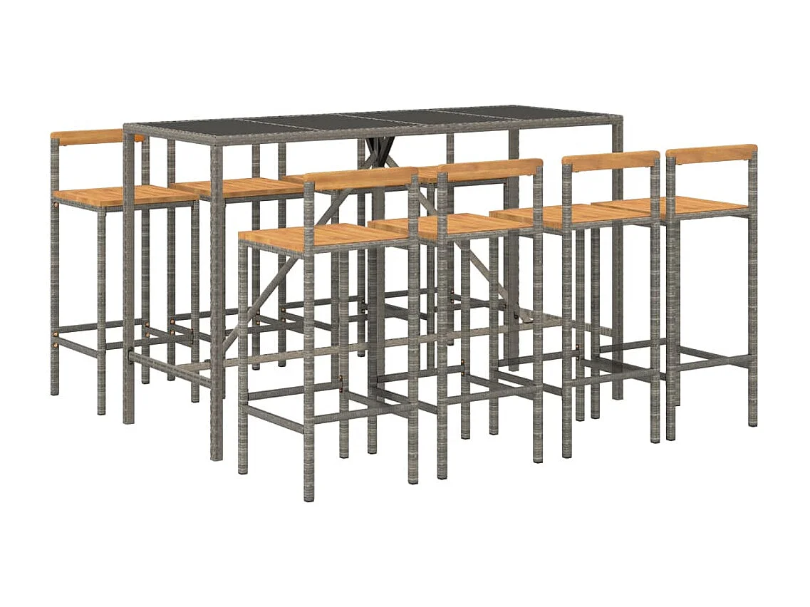 Ensemble de bar jardin 9 pcs gris poly rotin-bois massif acacia