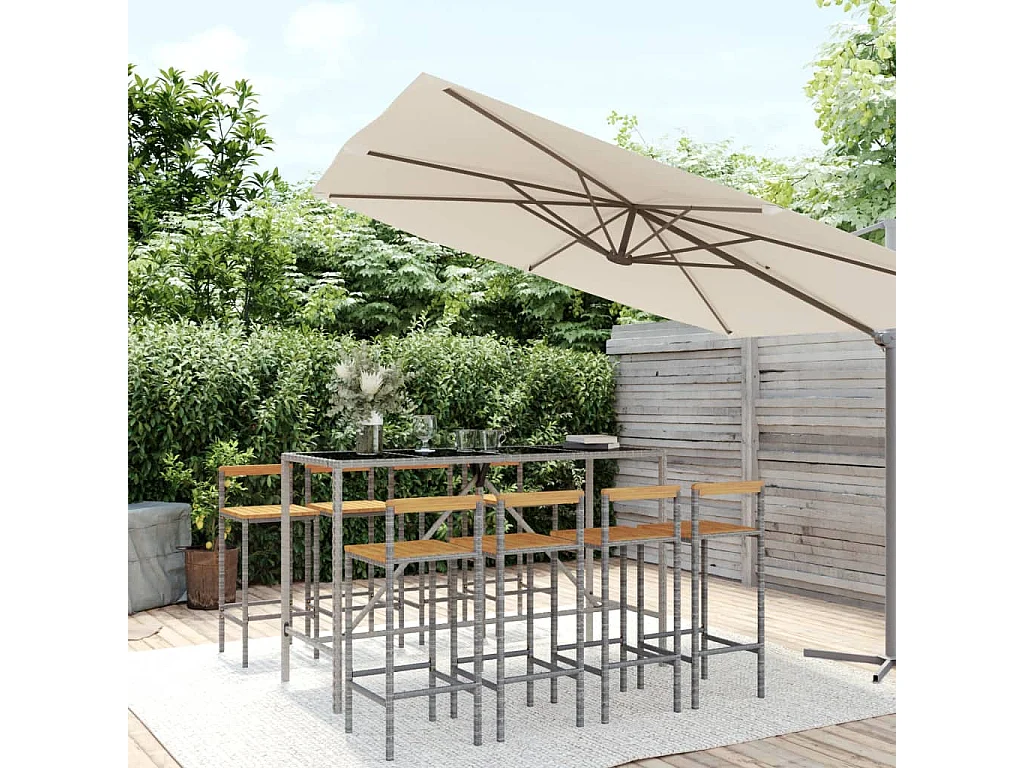 Ensemble de bar jardin 9 pcs gris poly rotin-bois massif acacia