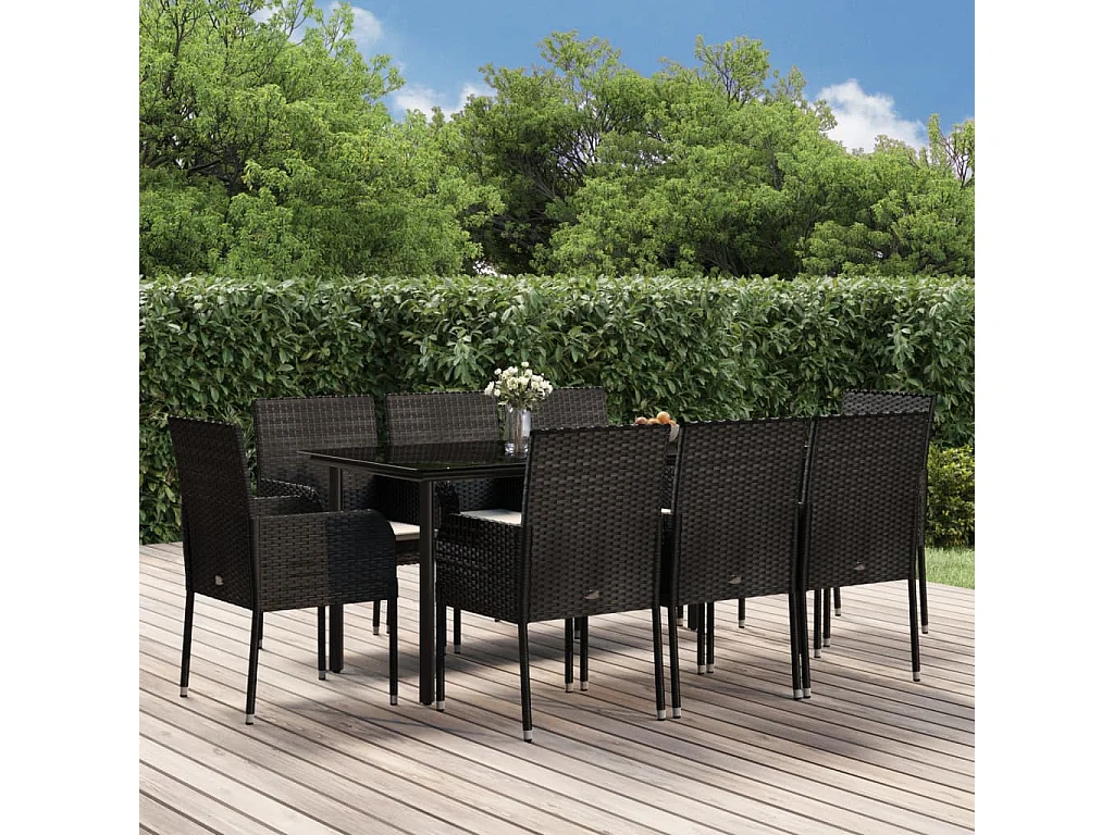 Ensemble à manger jardin 9pcs et coussins noir résine tressée