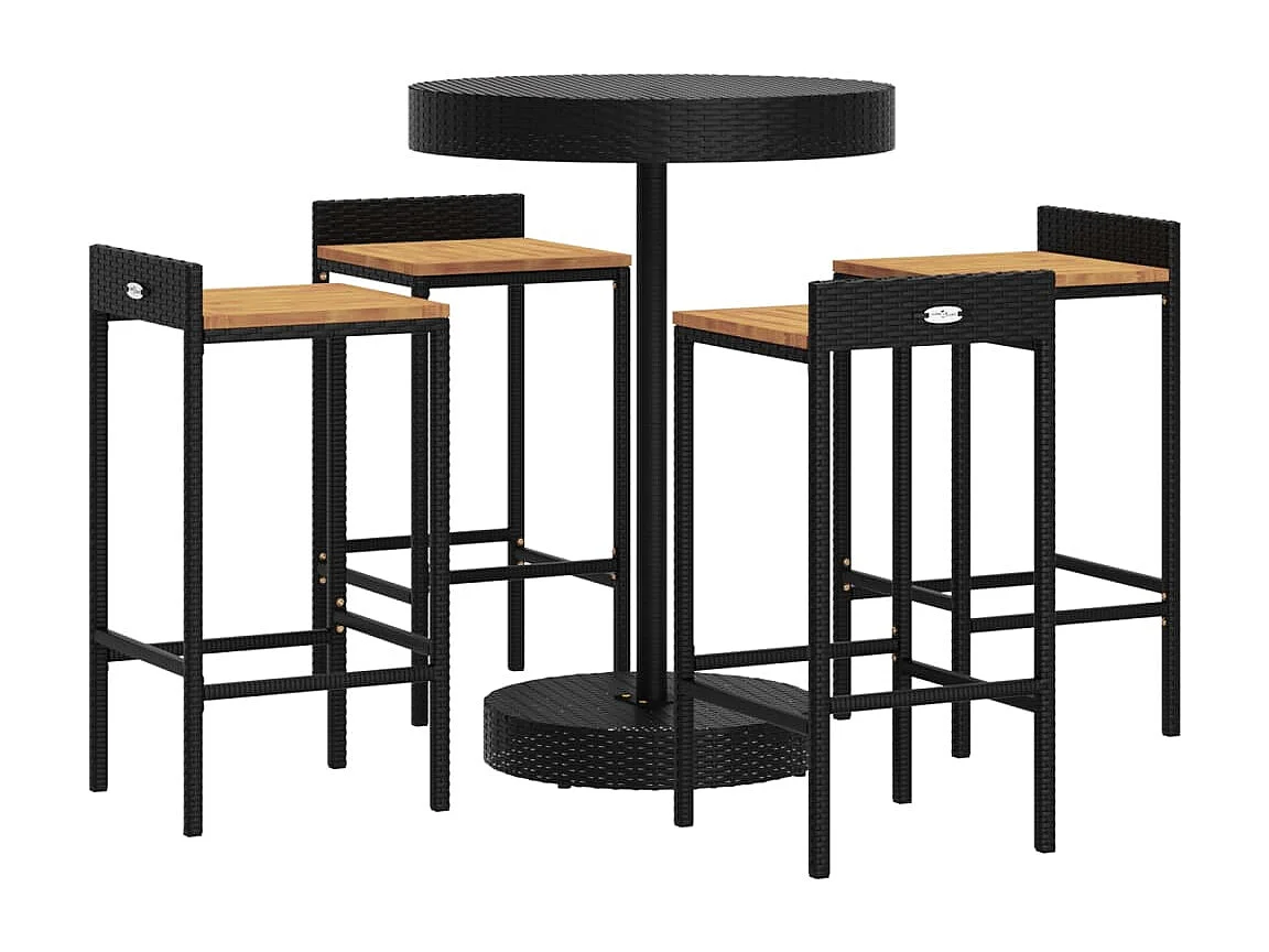 Ensemble de bar jardin 5 pcs noir poly rotin-bois massif acacia