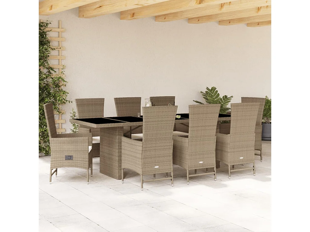 Ensemble à manger de jardin et coussins 9 pcs beige Poly rotin