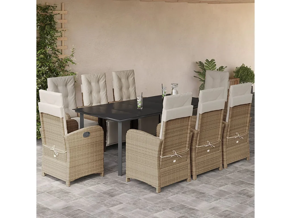 Ensemble à manger de jardin et coussins 9 pcs beige Poly rotin