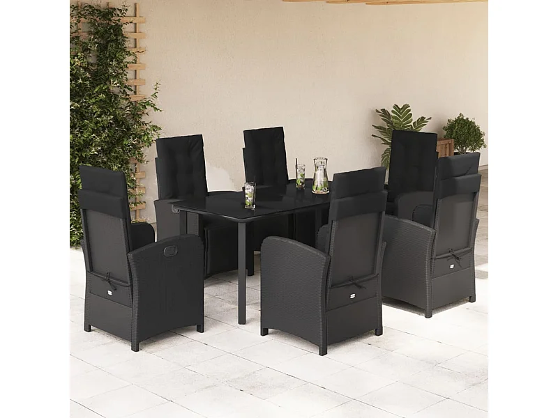 Ensemble à manger de jardin coussins 7pcs Noir Résine tressée