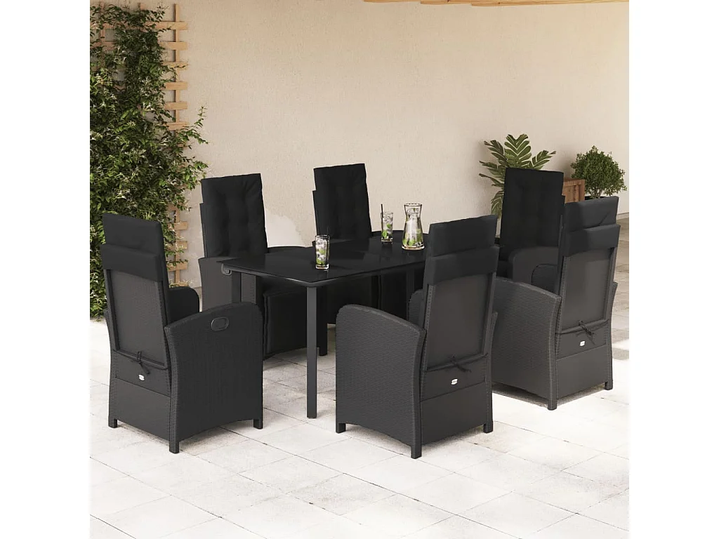 Ensemble à manger de jardin coussins 7pcs Noir Résine tressée