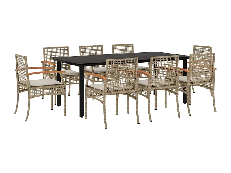 Ensemble à manger de jardin et coussins 9 pcs beige Poly rotin