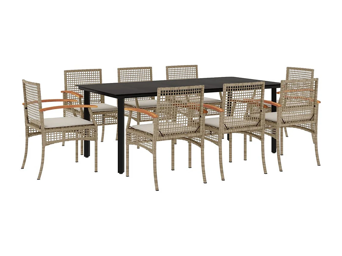 Ensemble à manger de jardin et coussins 9 pcs beige Poly rotin