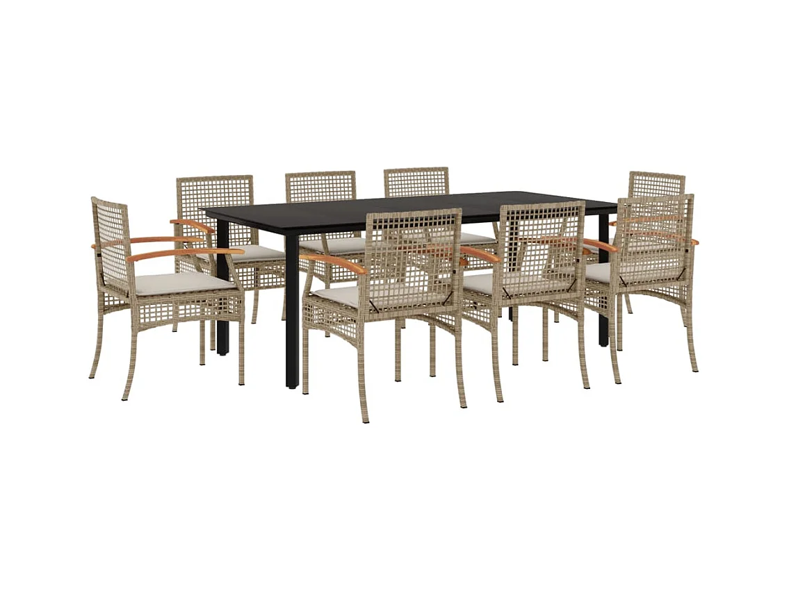 Ensemble à manger de jardin et coussins 9 pcs beige Poly rotin