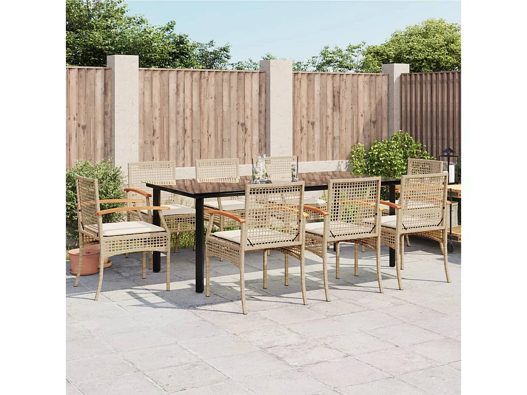 Ensemble à manger de jardin et coussins 9 pcs beige Poly rotin
