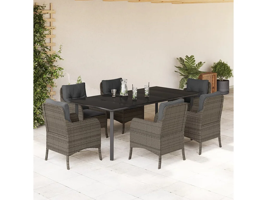 Ensemble à manger de jardin et coussins 7 pcs gris rotin