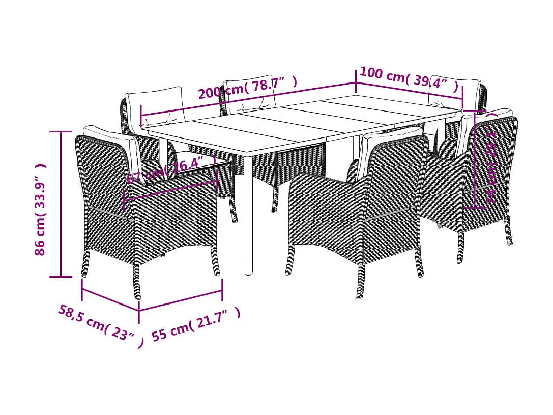 Ensemble à manger de jardin et coussins 7 pcs gris rotin