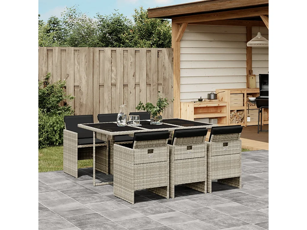 Ensemble à manger de jardin et coussins 7 pcs gris clair rotin