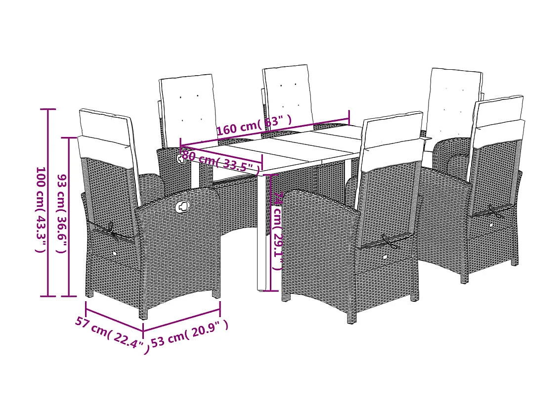 Set comedor de jardín 7 pzas con cojines ratán sintético beige