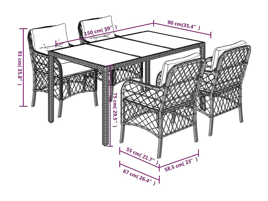 Ensemble à manger de jardin coussins 5pcs Noir Résine tressée