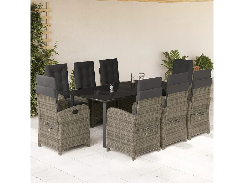 Ensemble à manger de jardin 9 pcs coussins gris résine tressée