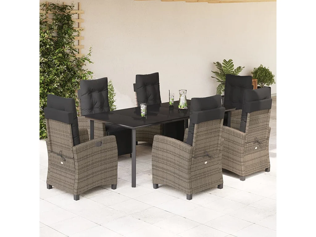 Ensemble à manger de jardin et coussins 7 pcs gris rotin