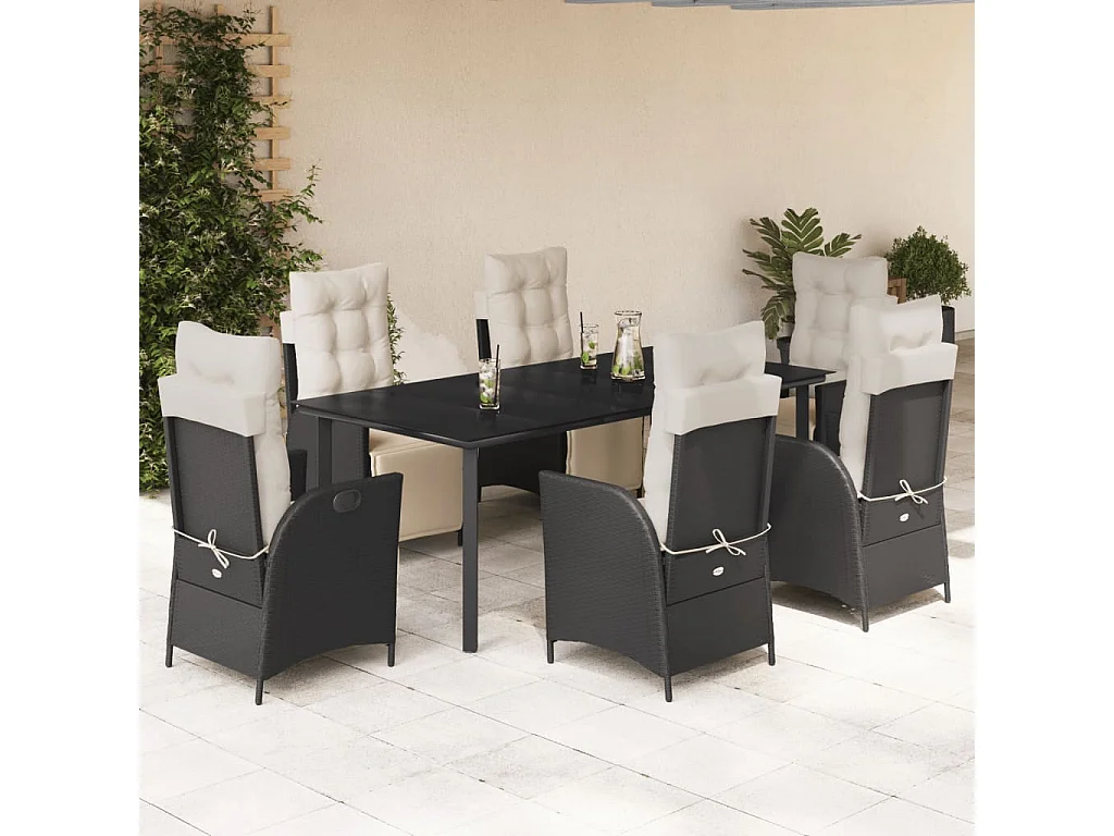 Ensemble à manger de jardin coussins 7pcs Noir Résine tressée