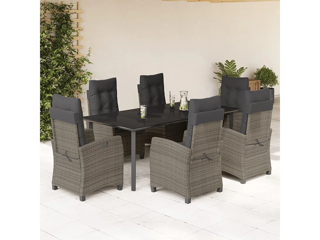 Ensemble à manger de jardin et coussins 7 pcs gris rotin