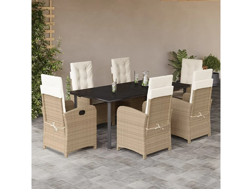Ensemble à manger de jardin et coussins 7 pcs beige poly rotin