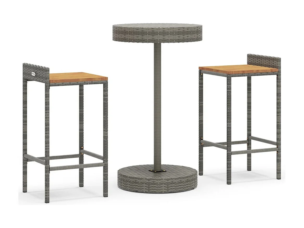 Ensemble de bar jardin 3 pcs gris poly rotin-bois massif acacia