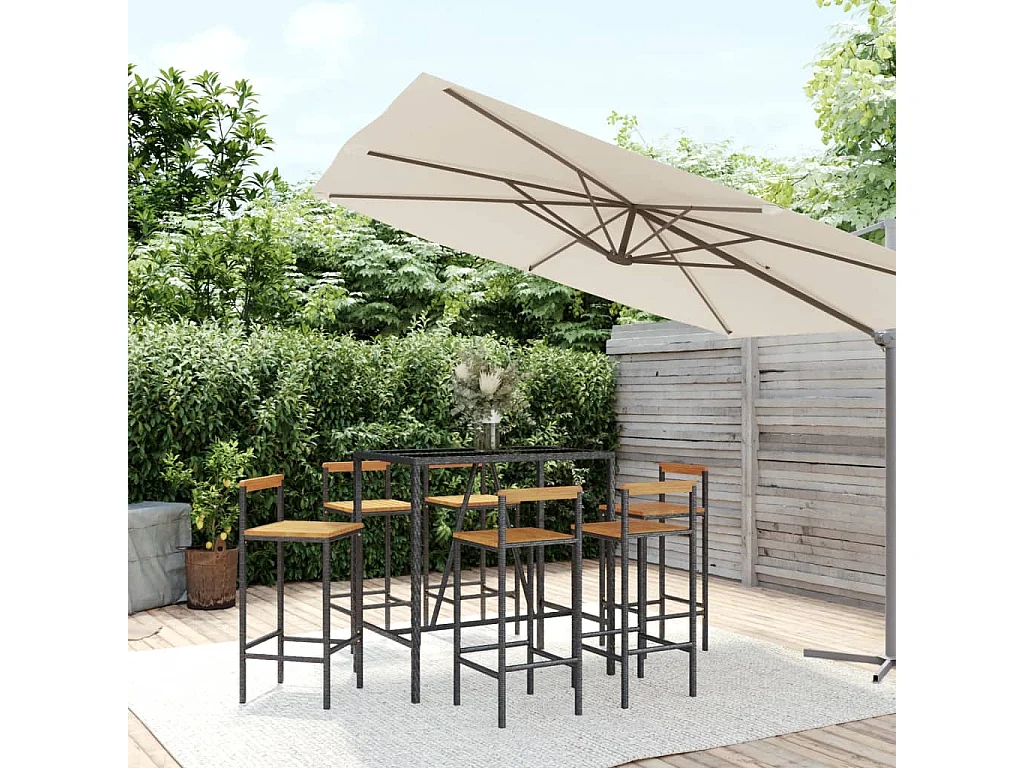 Ensemble de bar jardin 7 pcs noir poly rotin-bois massif acacia