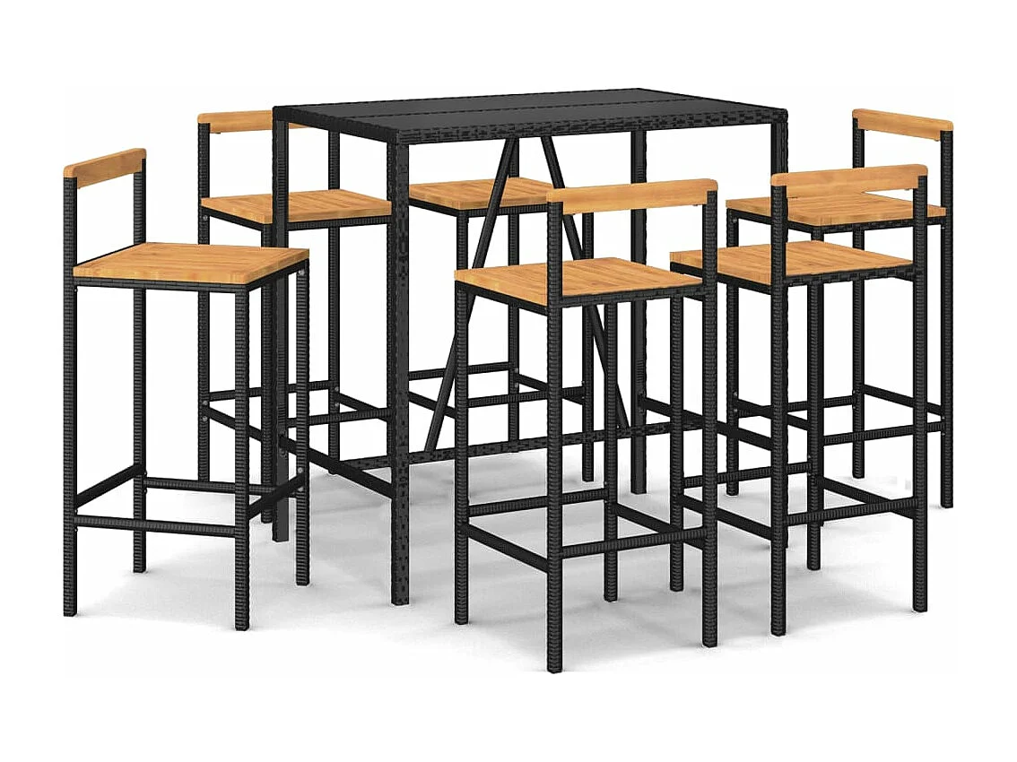 Ensemble de bar jardin 7 pcs noir poly rotin-bois massif acacia