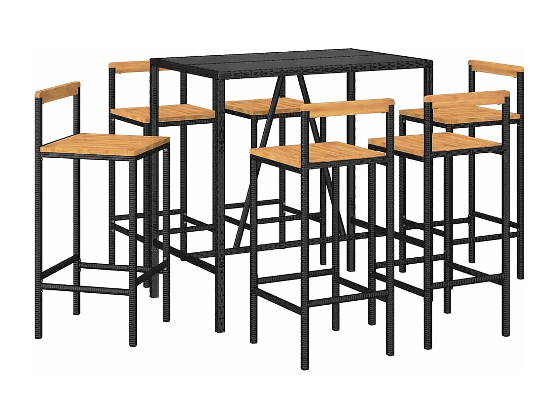 Ensemble de bar jardin 7 pcs noir poly rotin-bois massif acacia