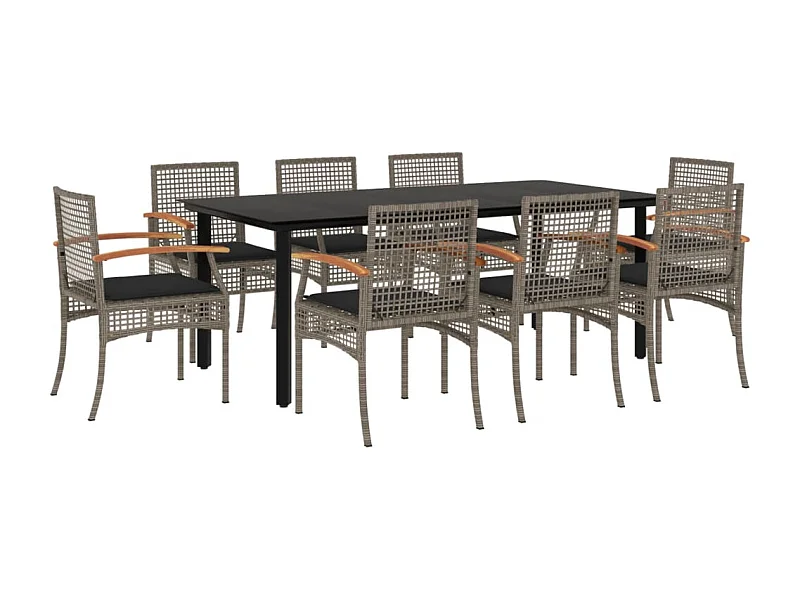 Ensemble à manger de jardin 9 pcs coussins gris résine tressée