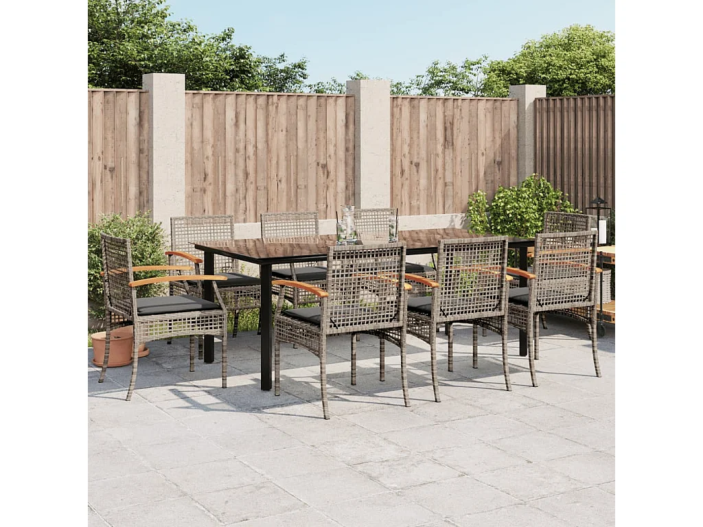 Ensemble à manger de jardin 9 pcs coussins gris résine tressée