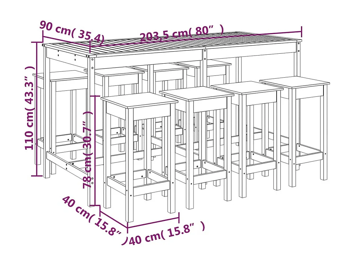 Ensemble de bar de jardin 9 pcs Bois de pin massif