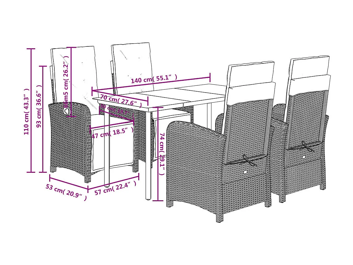 Ensemble à manger de jardin et coussins 5 pcs gris clair rotin