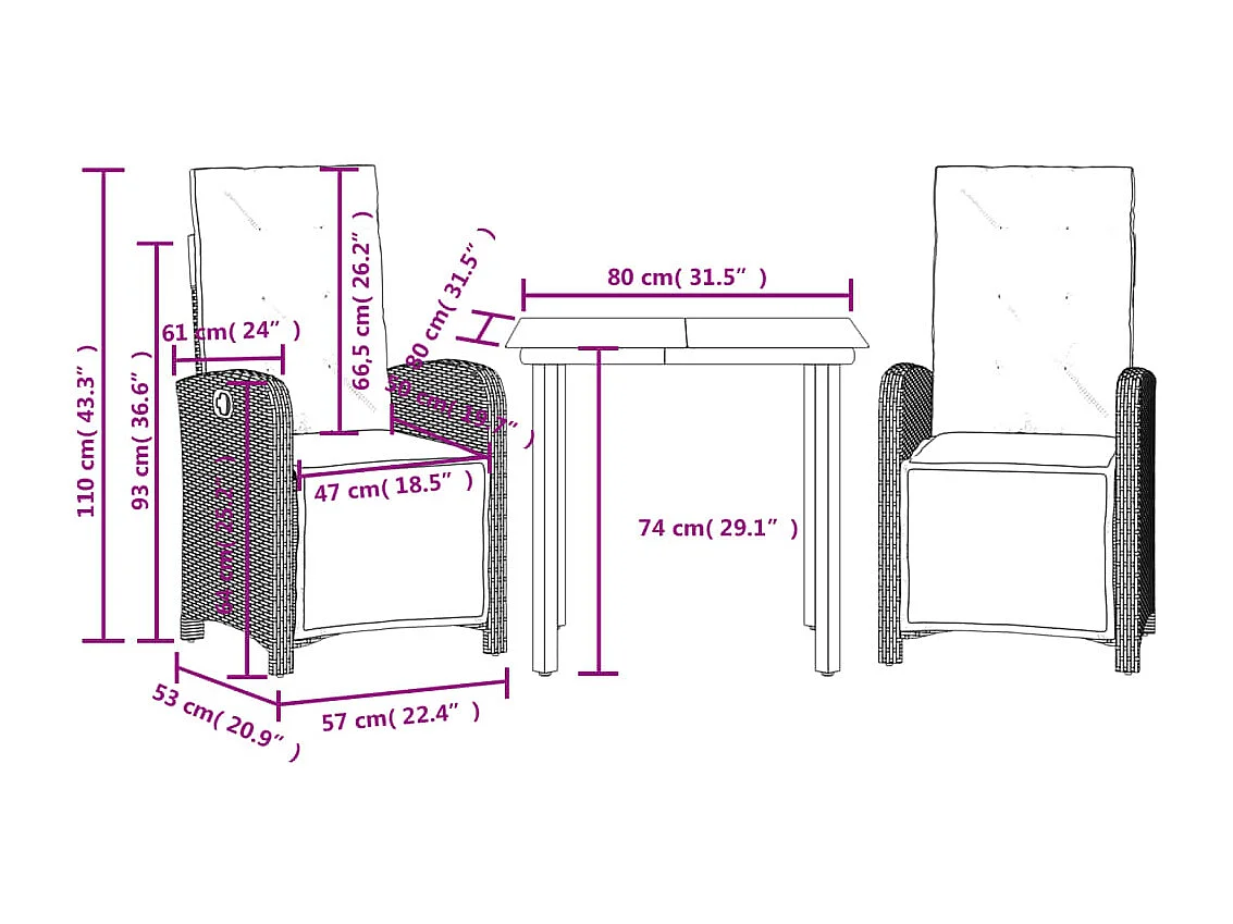 Ensemble de bistro 3 pcs avec coussins beige résine tressée