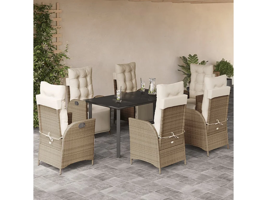 Ensemble à manger de jardin et coussins 7 pcs beige poly rotin