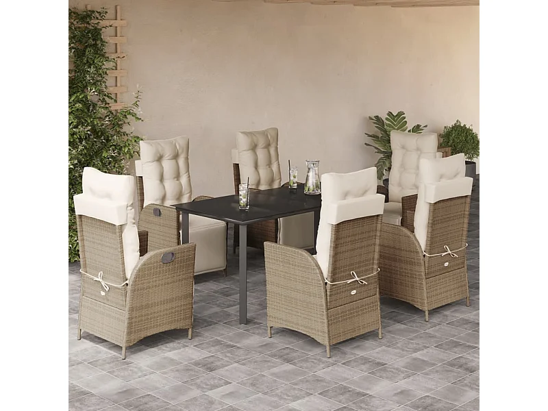 Ensemble à manger de jardin et coussins 7 pcs beige poly rotin