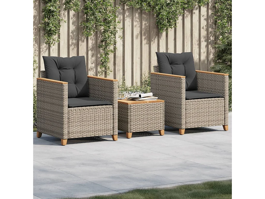 Ensemble de bistro 3 pcs et coussins gris résine tressée acacia